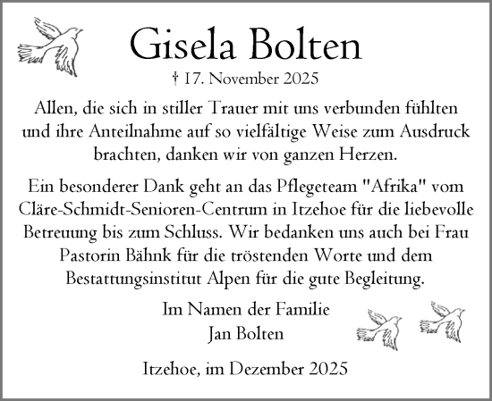 Traueranzeige von Gisela Bolten von Norddeutsche Rundschau, Wilstersche Zeitung, Glückstädter Fortuna