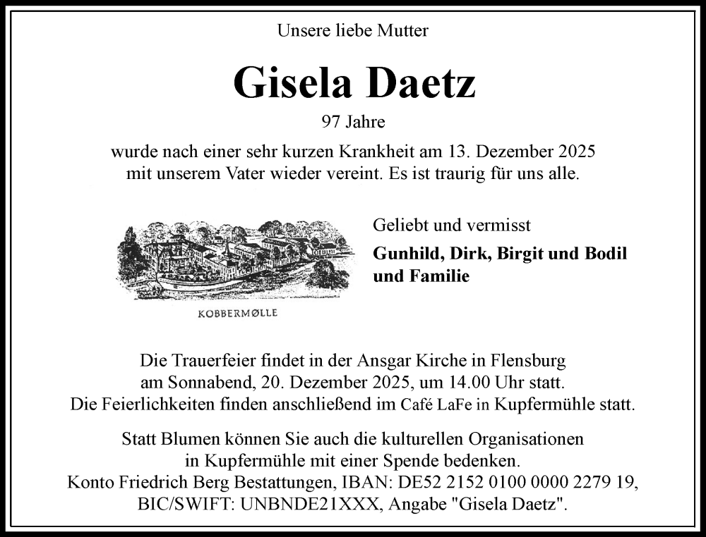  Traueranzeige für Gisela Daetz vom 18.12.2025 aus Flensburger Tageblatt