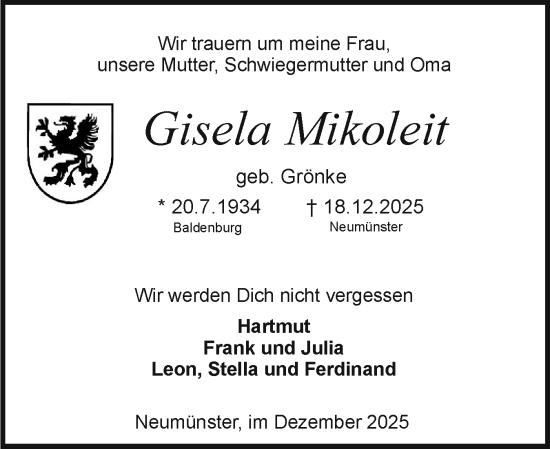 Traueranzeige von Gisela Mikoleit von Holsteinischer Courier