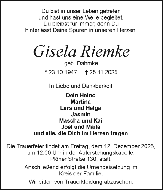 Traueranzeige von Gisela Riemke von Holsteinischer Courier