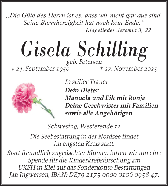 Traueranzeige von Gisela Schilling von Husumer Nachrichten, Nordfriesland Tageblatt