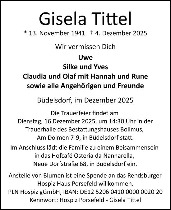 Traueranzeige von Gisela Tittel von Schleswig-Holsteinische Landeszeitung
