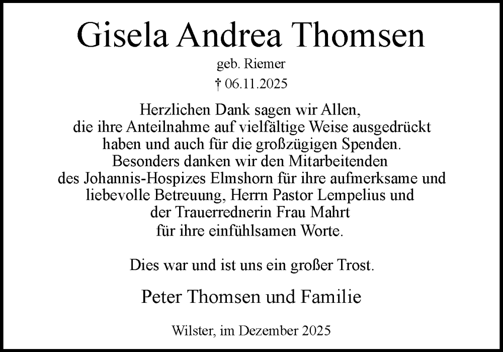  Traueranzeige für Gisela Andrea Thomsen vom 20.12.2025 aus Norddeutsche Rundschau, Wilstersche Zeitung, Glückstädter Fortuna