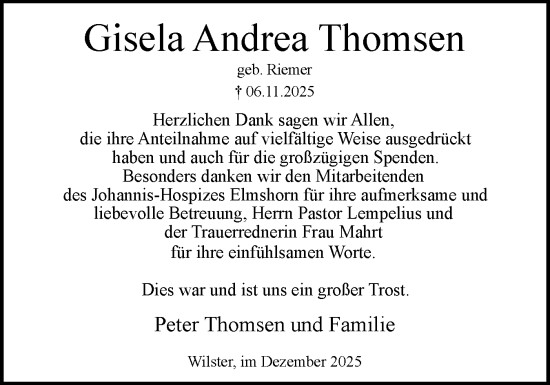 Traueranzeige von Gisela Andrea Thomsen von Norddeutsche Rundschau, Wilstersche Zeitung, Glückstädter Fortuna