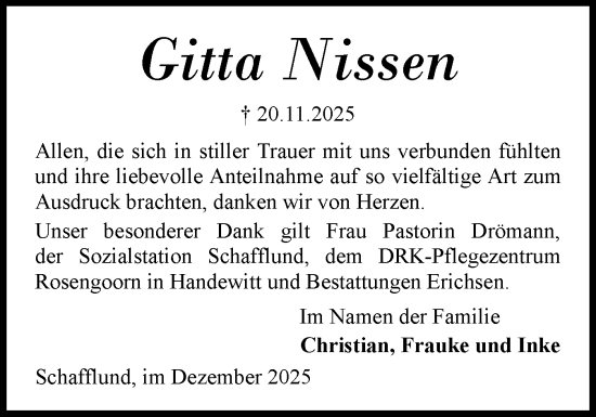 Traueranzeige von Gitta Nissen von Region Flensburg