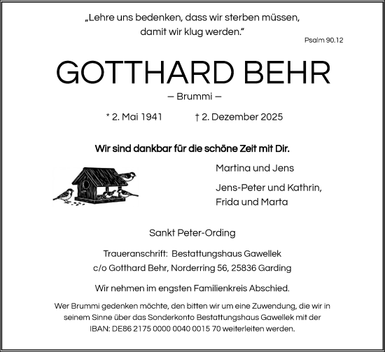 Traueranzeige von Gotthard Behr von Husumer Nachrichten, Nordfriesland Tageblatt