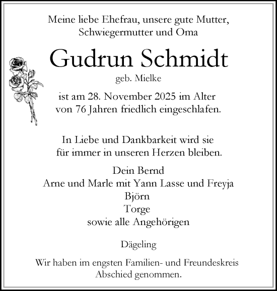 Traueranzeige von Gudrun Schmidt von Norddeutsche Rundschau, Wilstersche Zeitung, Glückstädter Fortuna