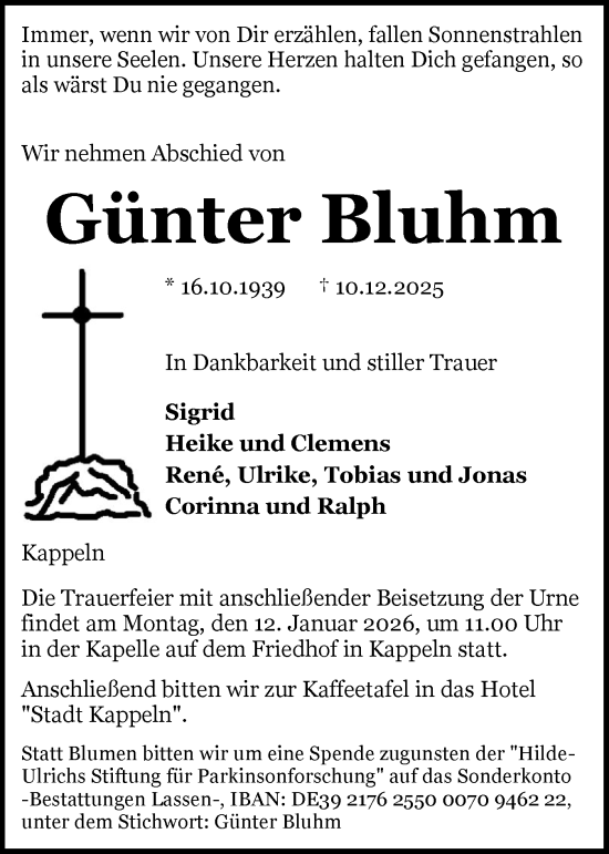 Traueranzeige von Günter Bluhm von Schleswiger Nachrichten, Schlei-Bote