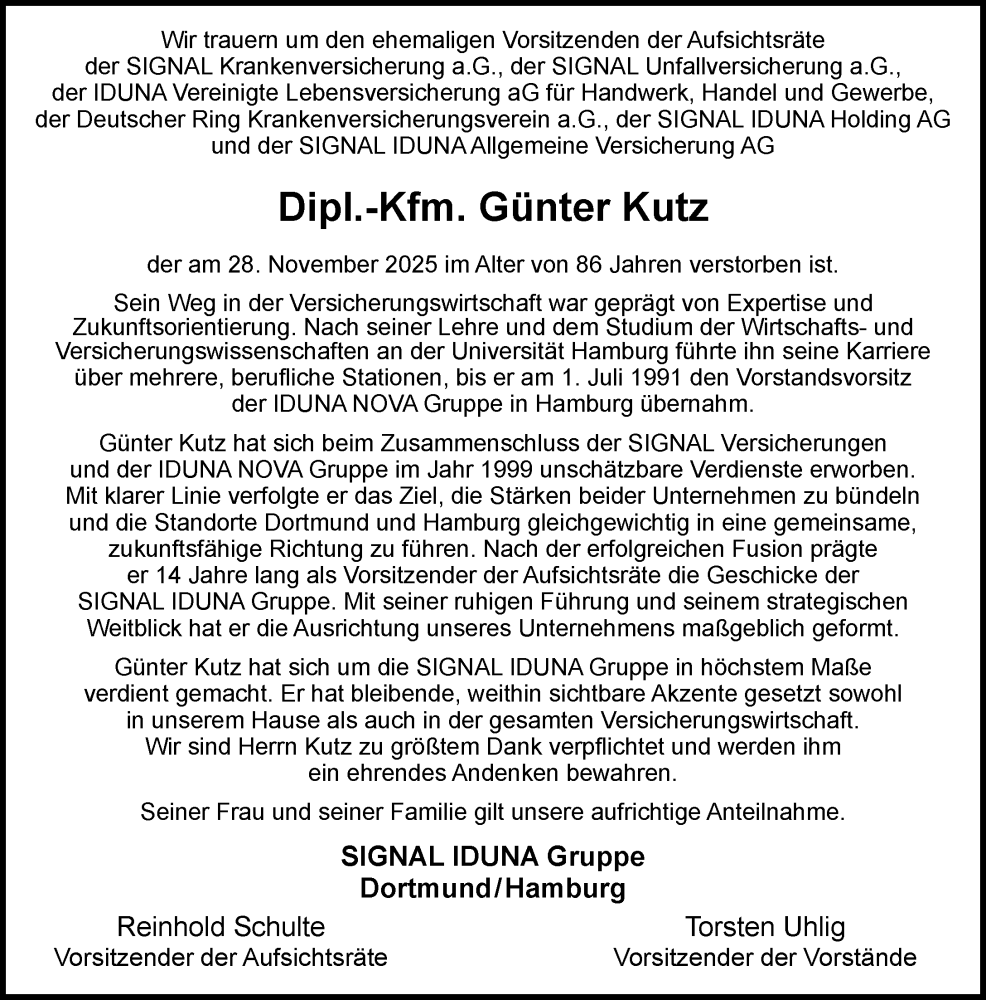  Traueranzeige für Günter Kutz vom 13.12.2025 aus MARKT Ahrensburg/Bargteheide/Trittau und Stormarner Tageblatt