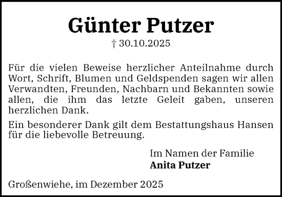 Traueranzeige von Günter Putzer von Flensburger Tageblatt