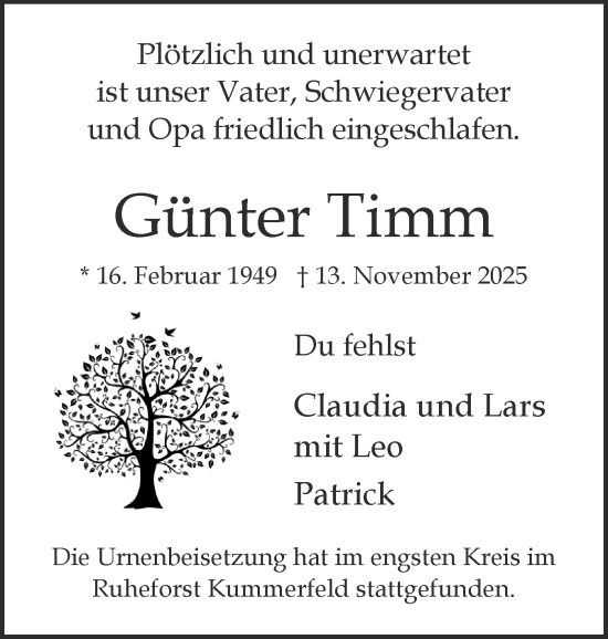 Traueranzeige von Günter Timm von Region Pinneberg und tip Pinneberg