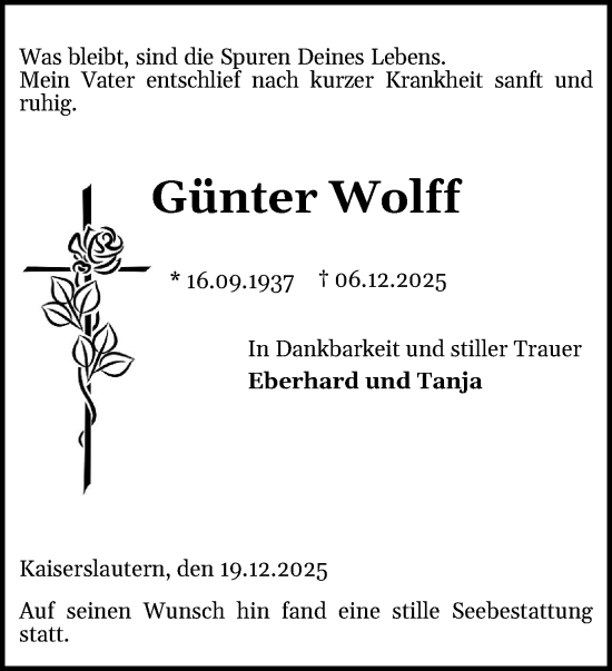 Traueranzeige von Günter Wolff von Uetersener Nachrichten, Der tip am Wochenende