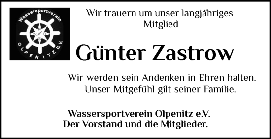 Traueranzeige von Günter Zastrow von Schleswiger Nachrichten, Schlei-Bote