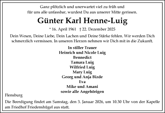Traueranzeige von Günter Karl Henne-Luig von Flensburger Tageblatt
