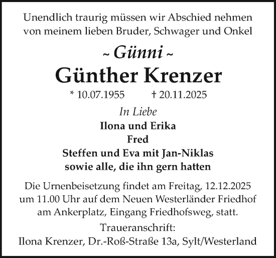 Traueranzeige von Günther Krenzer von Sylter Rundschau