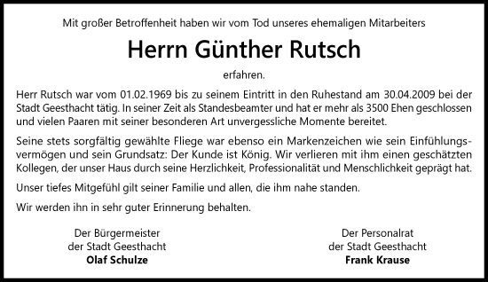 Traueranzeige von Günther Rutsch von Wochenend Anzeiger
