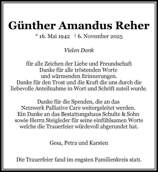 Traueranzeige von Günther Amandus Reher von Wochenend Anzeiger