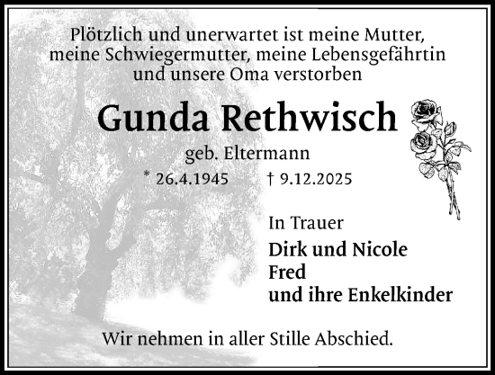 Traueranzeige von Gunda Rethwisch von Eckernförder Zeitung, Hallo Eckernförde