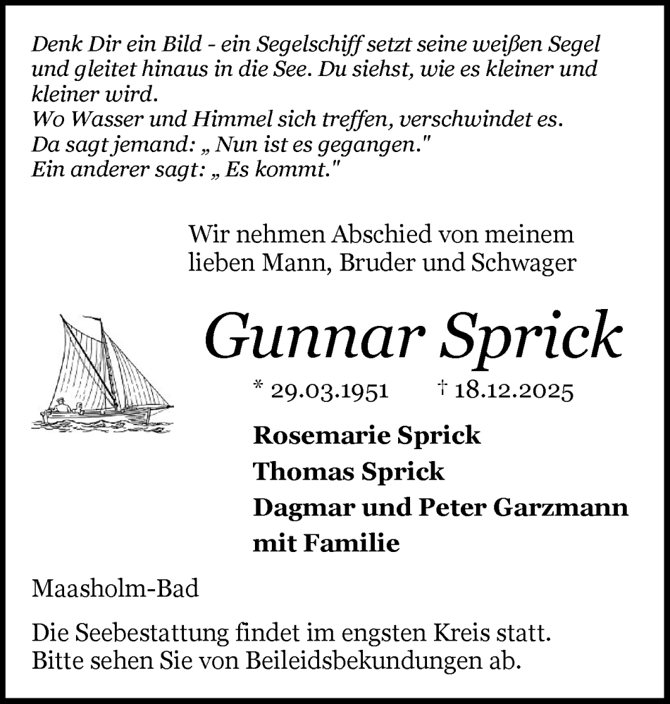  Traueranzeige für Gunnar Sprick vom 27.12.2025 aus Schleswiger Nachrichten, Schlei-Bote