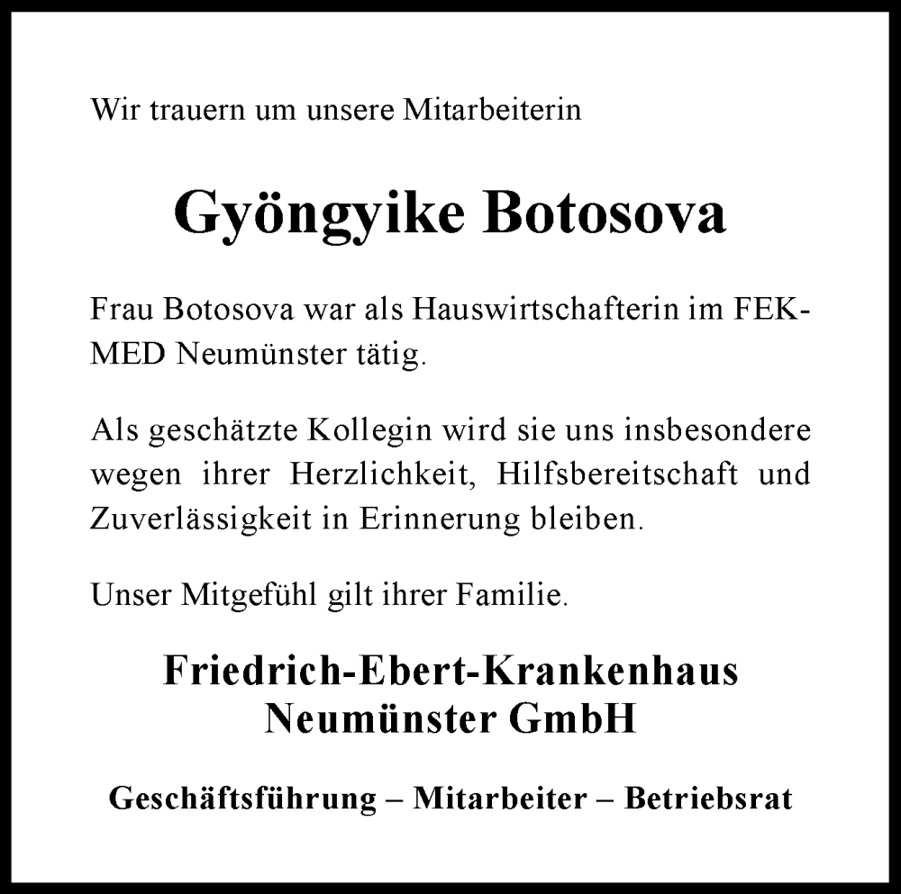  Traueranzeige für Gyöngyike Botosova vom 05.12.2025 aus Holsteinischer Courier