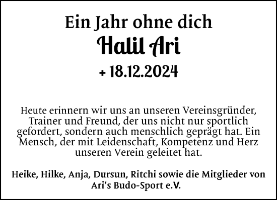 Traueranzeige von Halil Ari von Schleswig-Holsteinische Landeszeitung