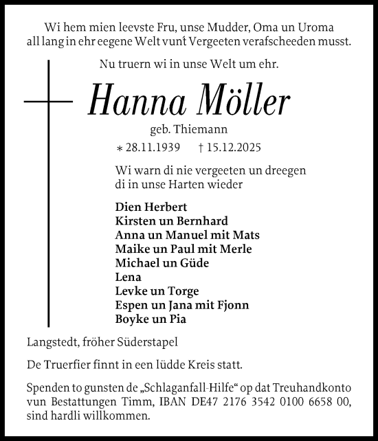 Traueranzeige von Hanna Möller von Husumer Nachrichten, Nordfriesland Tageblatt
