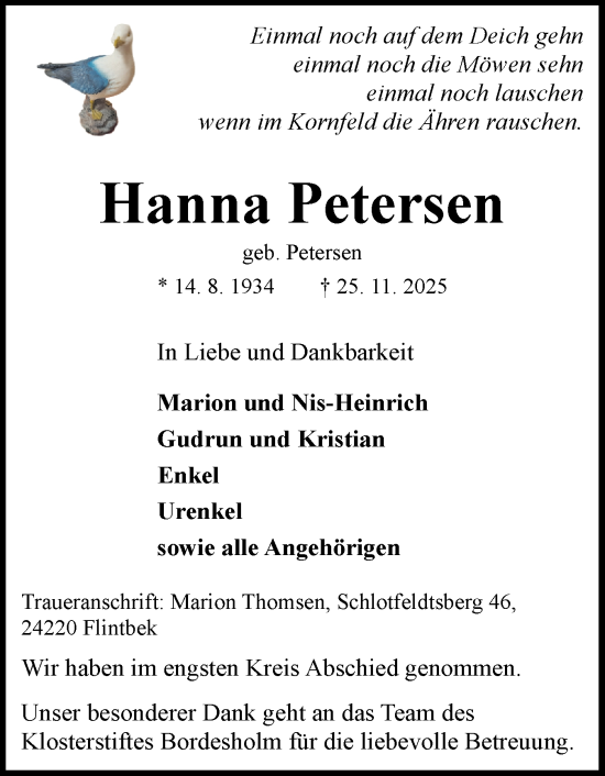 Traueranzeige von Hanna Petersen von Husumer Nachrichten, Nordfriesland Tageblatt