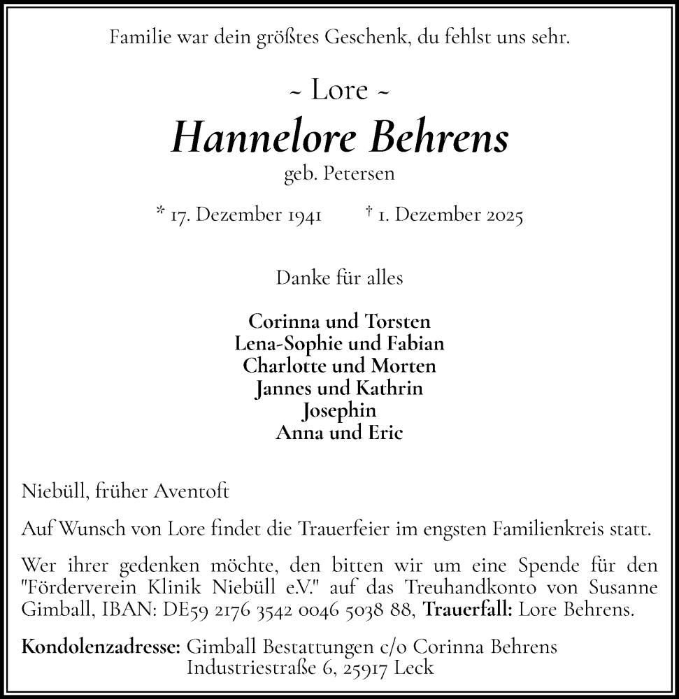  Traueranzeige für Hannelore Behrens vom 06.12.2025 aus Husumer Nachrichten, Nordfriesland Tageblatt