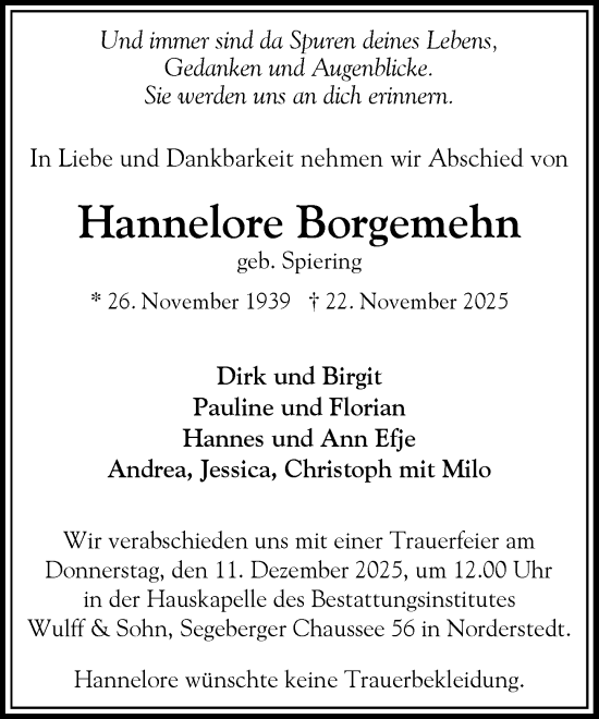Traueranzeige von Hannelore Borgemehn von Heimatspiegel