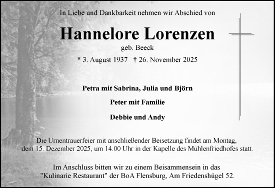 Traueranzeige von Hannelore Lorenzen von Flensburger Tageblatt