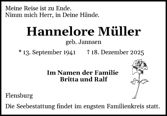 Traueranzeige von Hannelore Müller von Region Flensburg