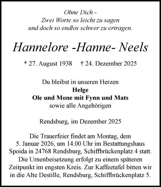 Traueranzeige von Hannelore Neels von Schleswig-Holsteinische Landeszeitung