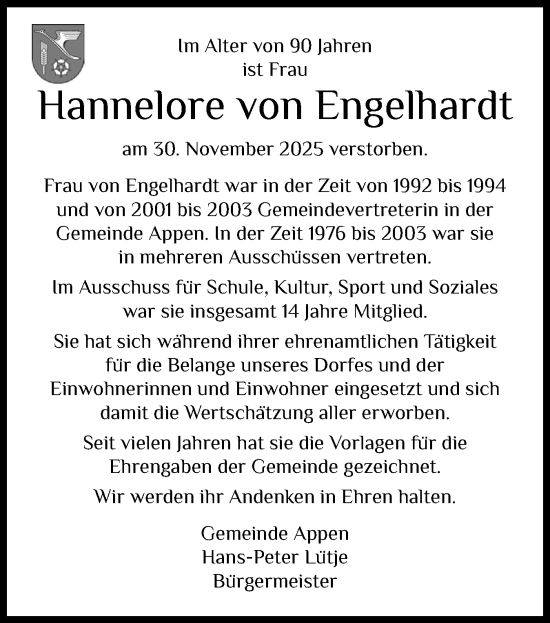 Traueranzeige von Hannelore von Engelhardt von Region Pinneberg und tip Pinneberg