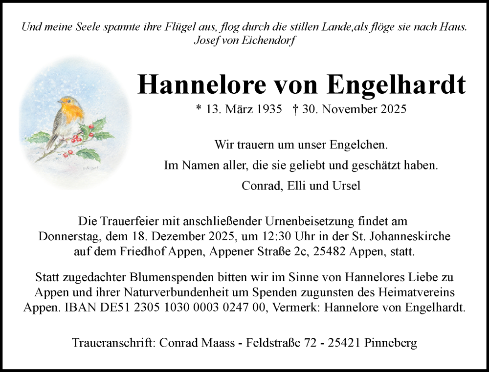  Traueranzeige für Hannelore von Engelhardt vom 06.12.2025 aus Region Pinneberg und tip Pinneberg
