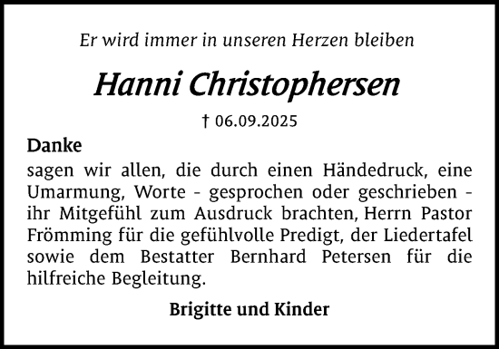 Traueranzeige von Hanni Christophersen von Husumer Nachrichten, Nordfriesland Tageblatt