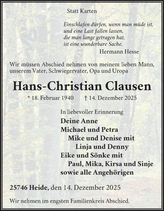 Traueranzeige von Hans-Christian Clausen von Husumer Nachrichten, Nordfriesland Tageblatt