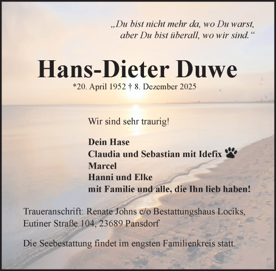 Traueranzeige von Hans-Dieter Duwe von MARKT Ratzeburg/Mölln