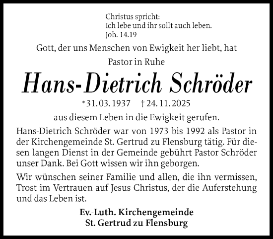 Traueranzeige von Hans-Dietrich Schröder von Flensburger Tageblatt