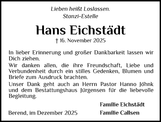 Traueranzeige von Hans Eichstädt von Schleswiger Nachrichten, Schlei-Bote