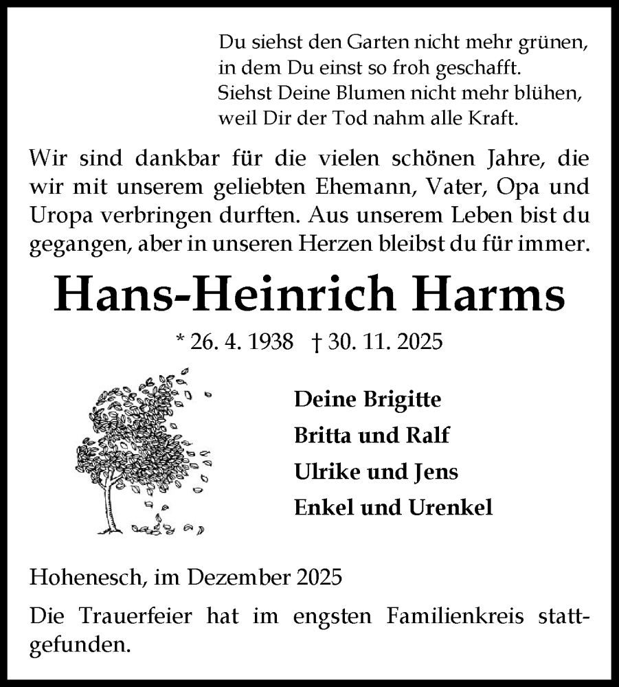  Traueranzeige für Hans-Heinrich Harms vom 13.12.2025 aus Norddeutsche Rundschau, Wilstersche Zeitung, Glückstädter Fortuna