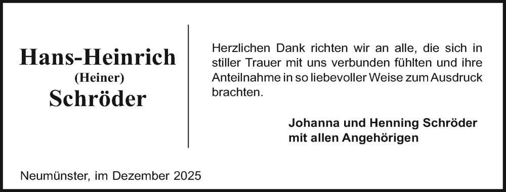  Traueranzeige für Hans-Heinrich Schröder vom 27.12.2025 aus Holsteinischer Courier