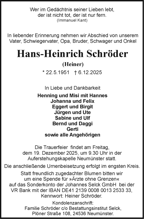 Traueranzeige von Hans-Heinrich Schröder von Holsteinischer Courier