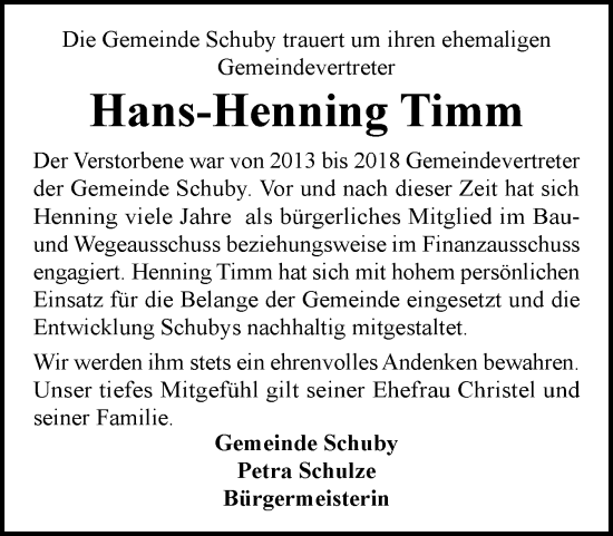 Traueranzeige von Hans-Henning Timm von Schleswiger Nachrichten, Schlei-Bote