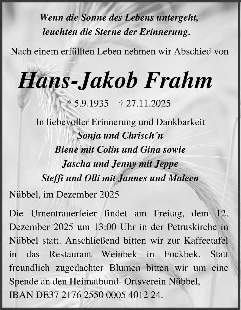  Traueranzeige für Hans-Jakob Frahm vom 06.12.2025 aus Schleswig-Holsteinische Landeszeitung