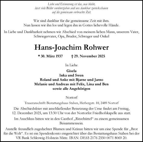 Traueranzeige von Hans-Joachim Rohwer von Schleswig-Holsteinische Landeszeitung
