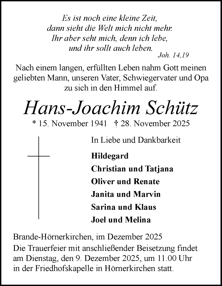  Traueranzeige für Hans-Joachim Schütz vom 06.12.2025 aus Elmshorner Nachrichten, Barmstedter Zeitung