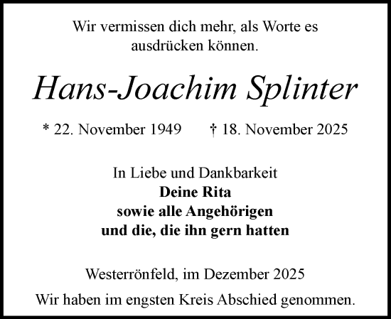 Traueranzeige von Hans-Joachim Splinter von Schleswig-Holsteinische Landeszeitung