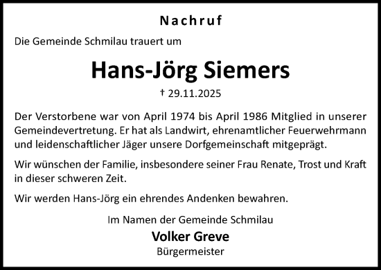 Traueranzeige von Hans-Jörg Siemers von MARKT Ratzeburg/Mölln