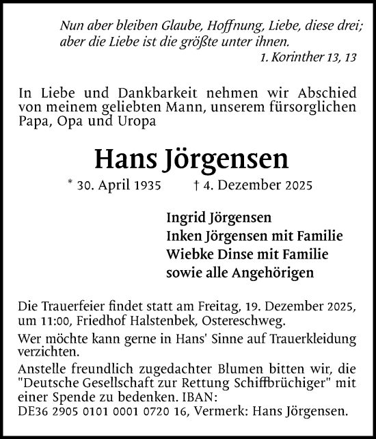Traueranzeige von Hans Jörgensen von Region Pinneberg und tip Pinneberg