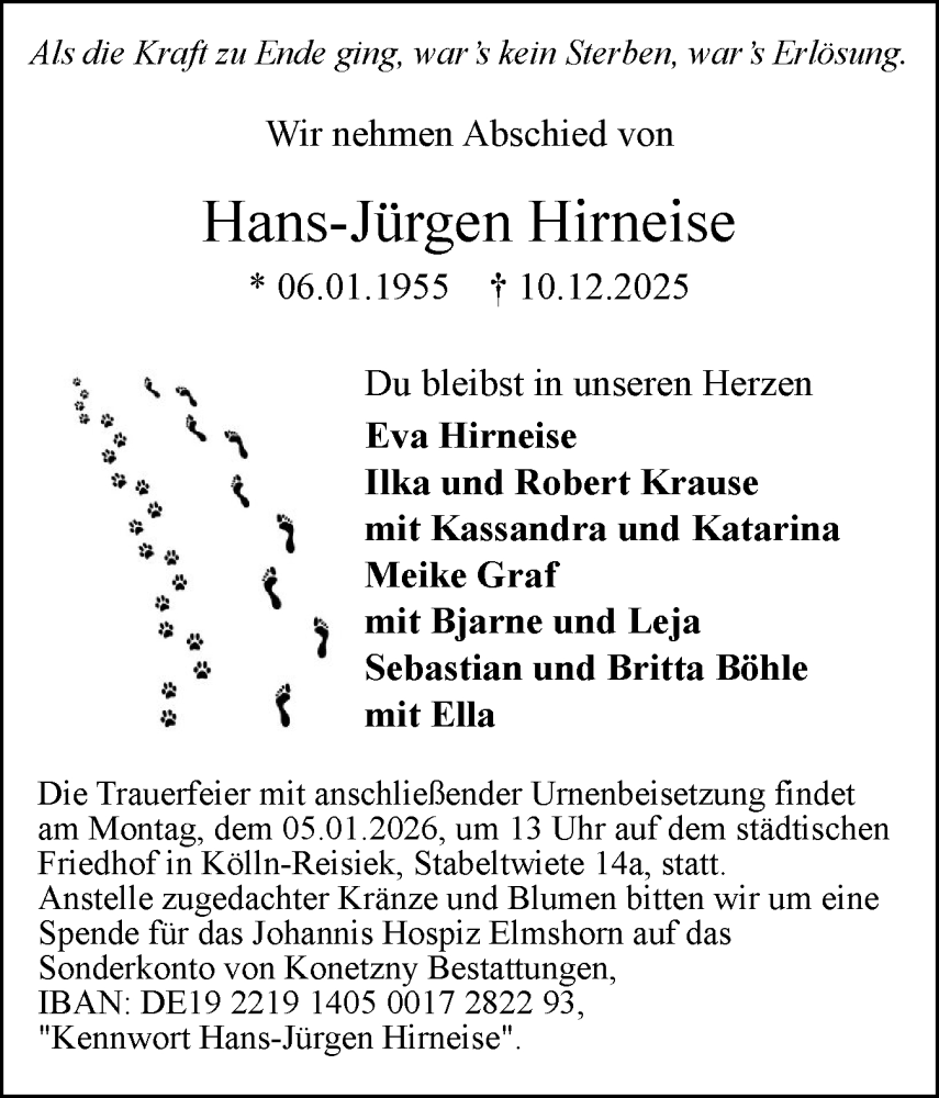  Traueranzeige für Hans-Jürgen Hirneise vom 20.12.2025 aus Region Steinburg-Elmshorn